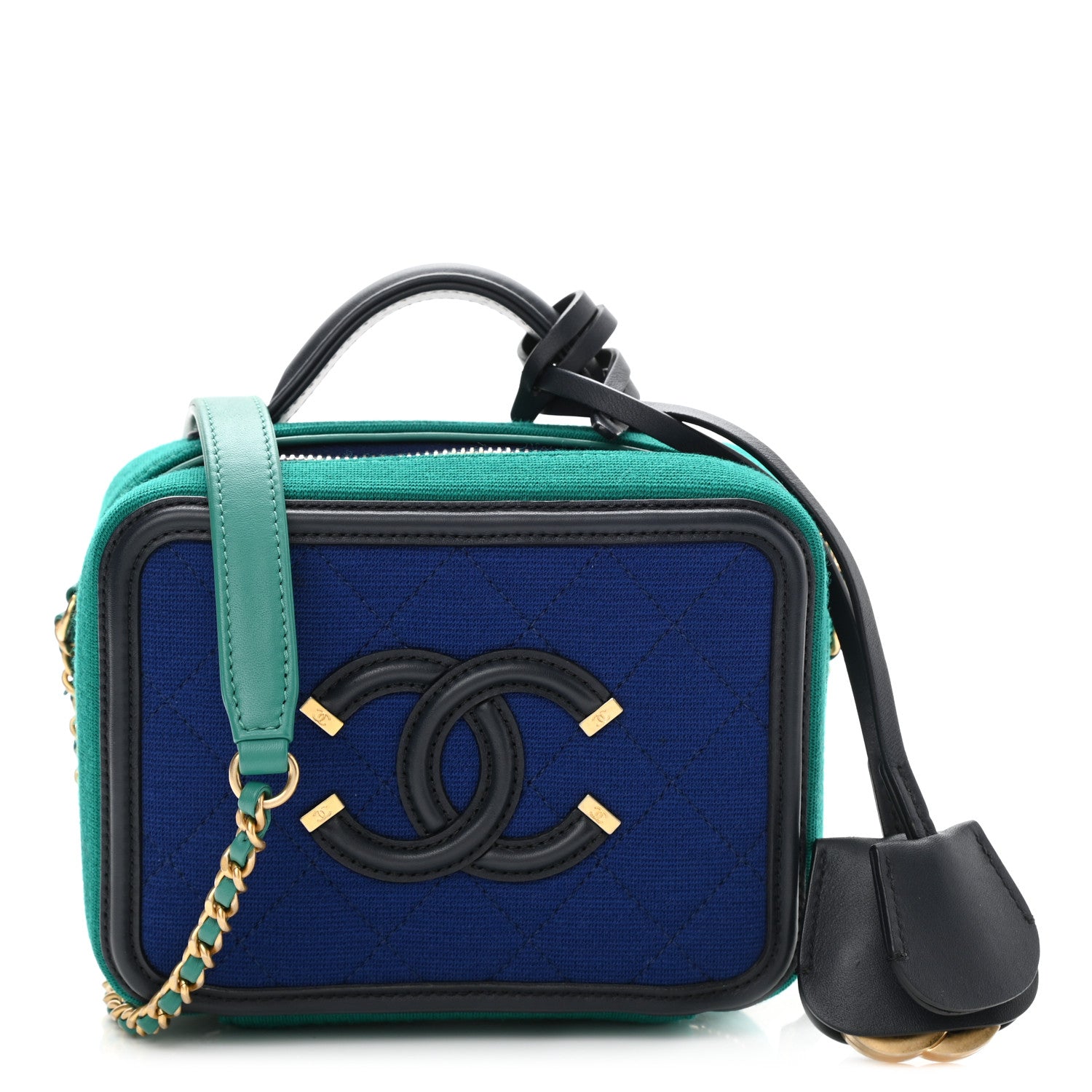 Chanel Jersey Quilted Small CC Filigree Vanity Case Blue Green 1 of 10