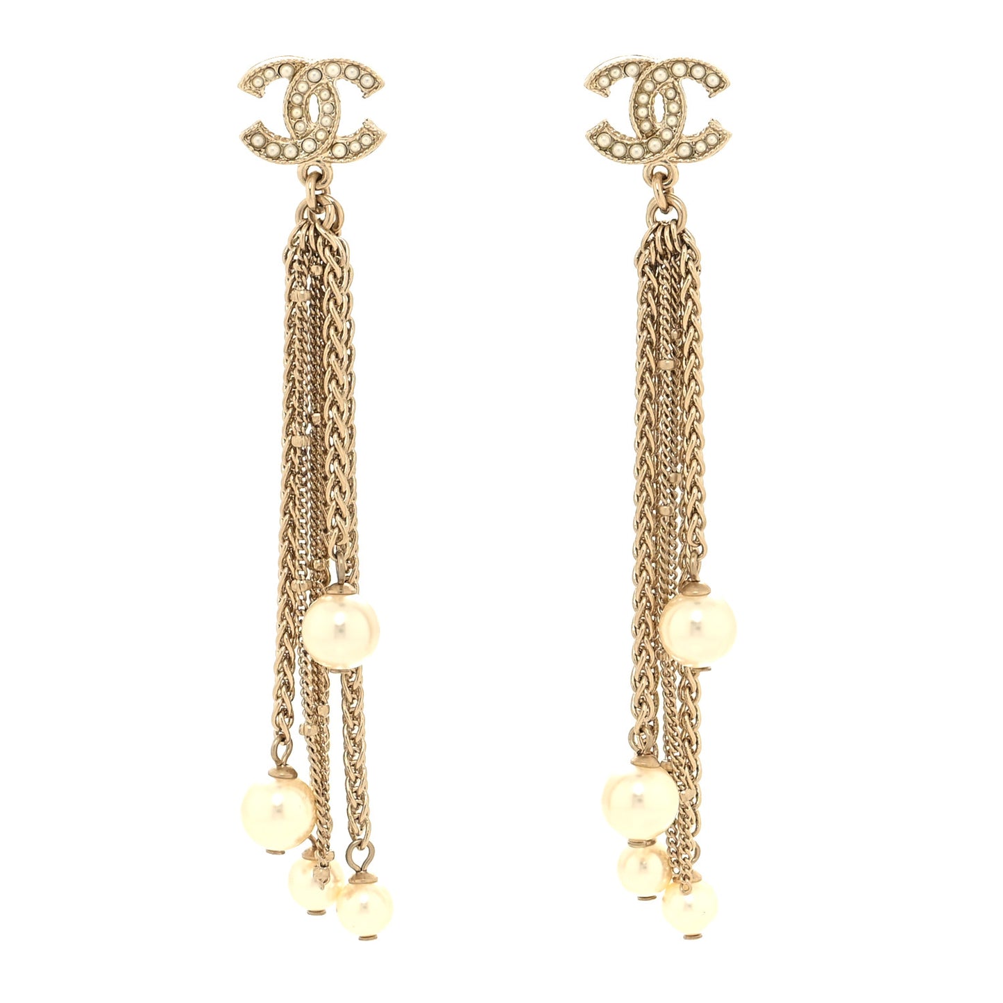 Pearl Chain CC Dangle Earrings Gold