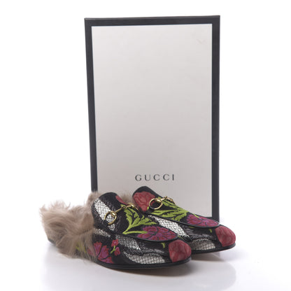 Gucci Brocade Fur Floral Womens Princetown Slippers 36 Black Anthracite 8 of 8