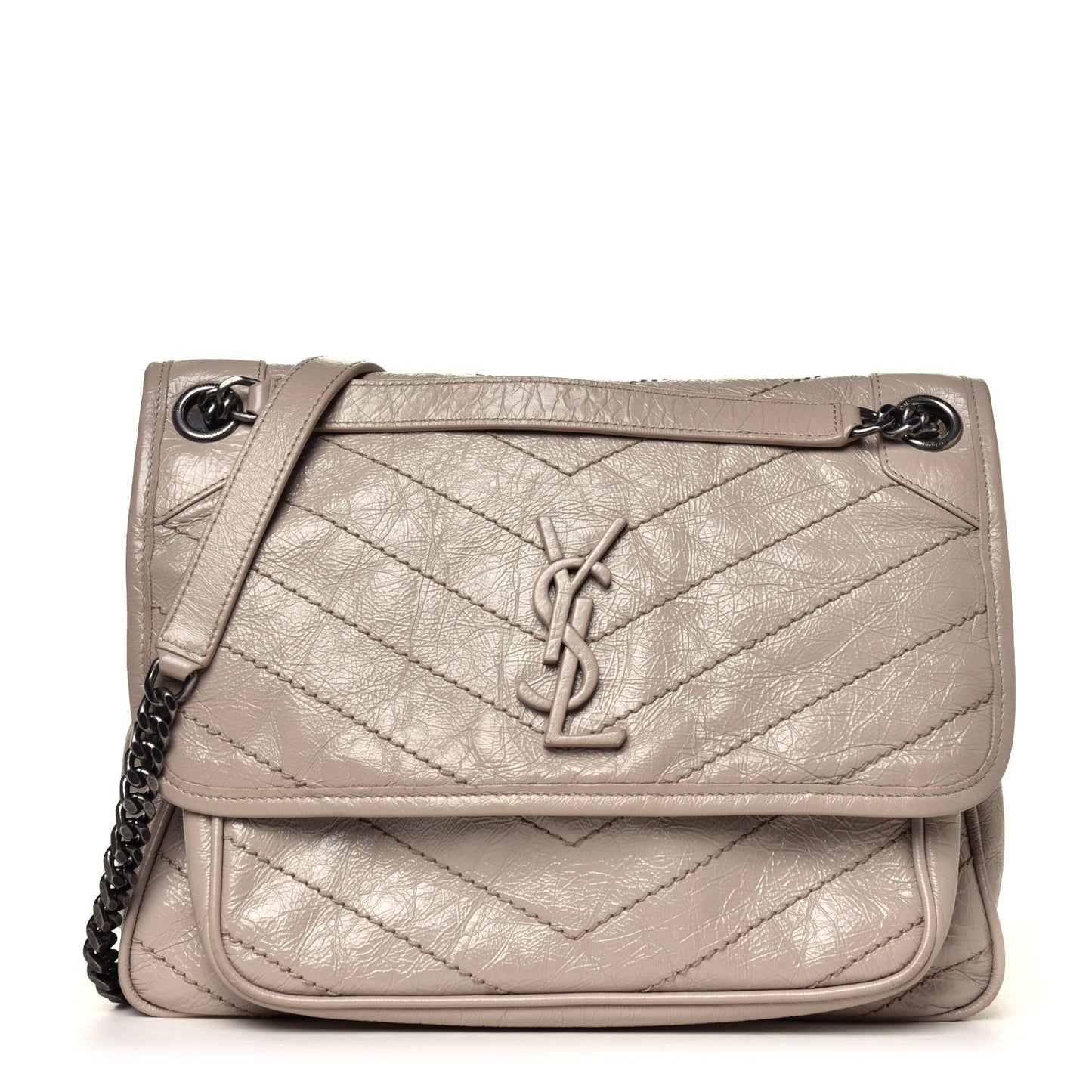 Crinkled Calfskin Matelasse Monogram Medium Niki Chain Satchel Natural