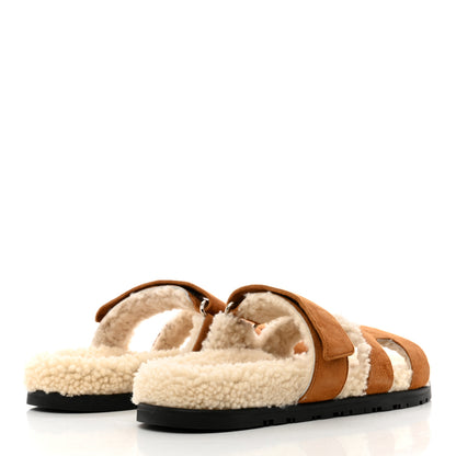 Hermes Suede Goatskin Woolskin Womens Chypre Sandals 37.5 Brun Fume Ecru 4 of 8