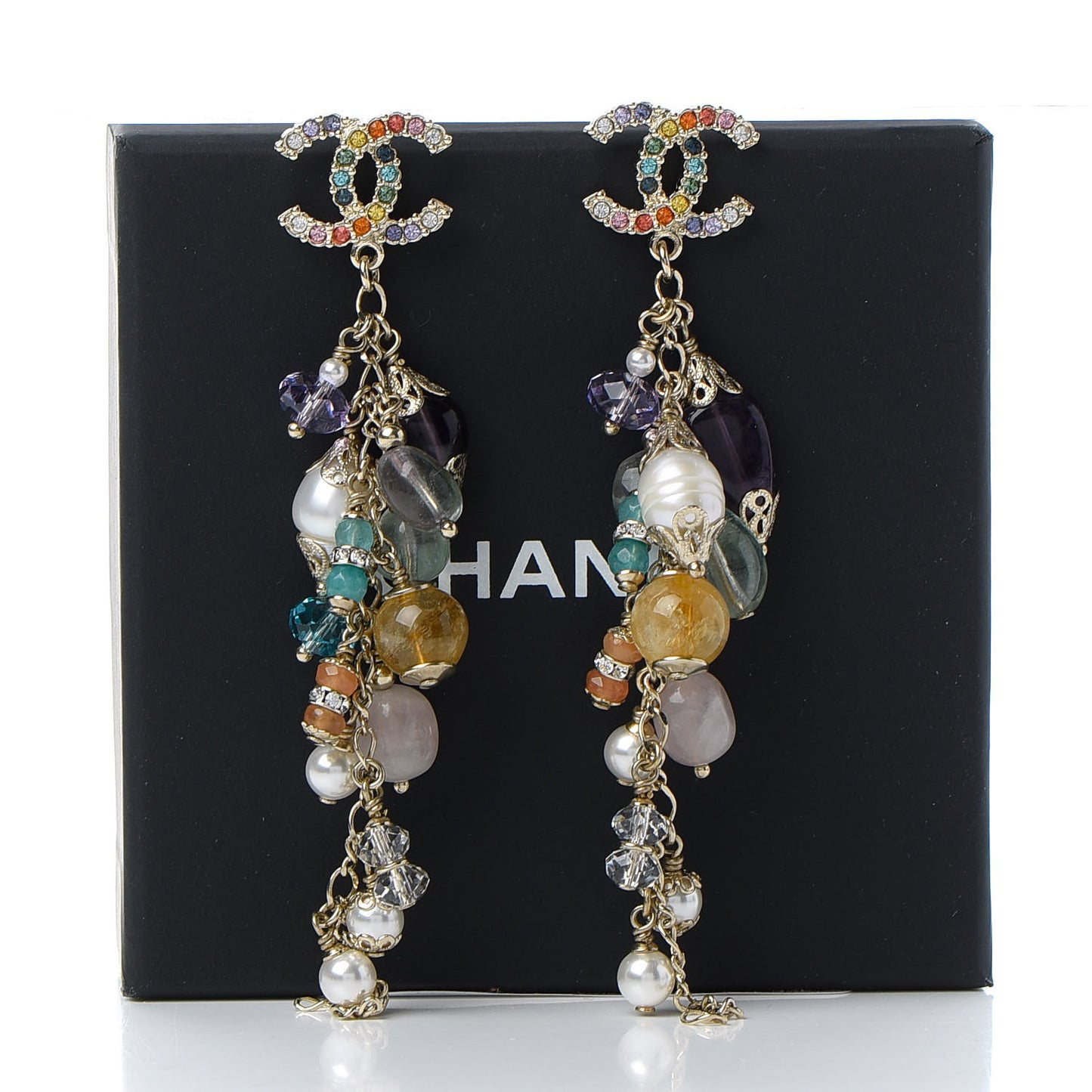 Crystal Pearl Beaded CC Long Drop Earrings Multicolor