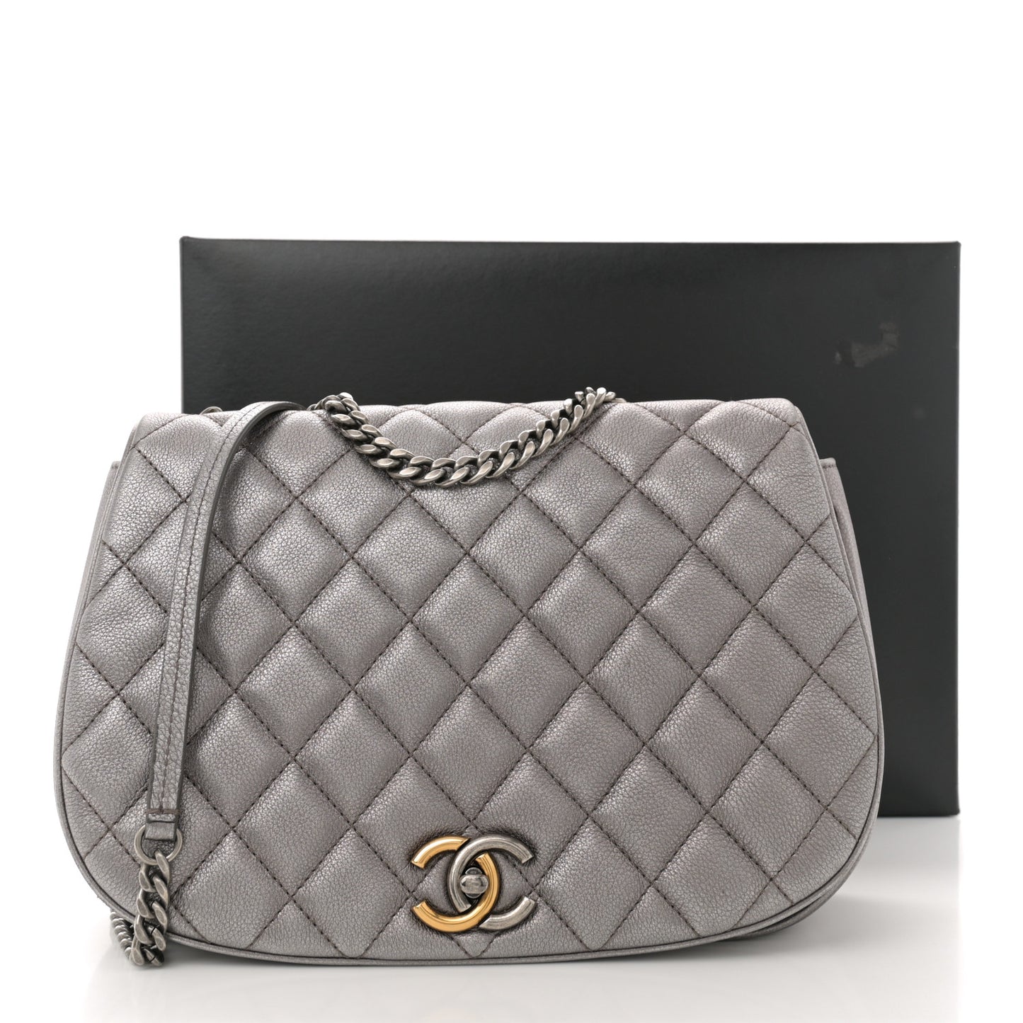 Metallic Calfskin Quilted Casual Pocket Messenger Flap Silver