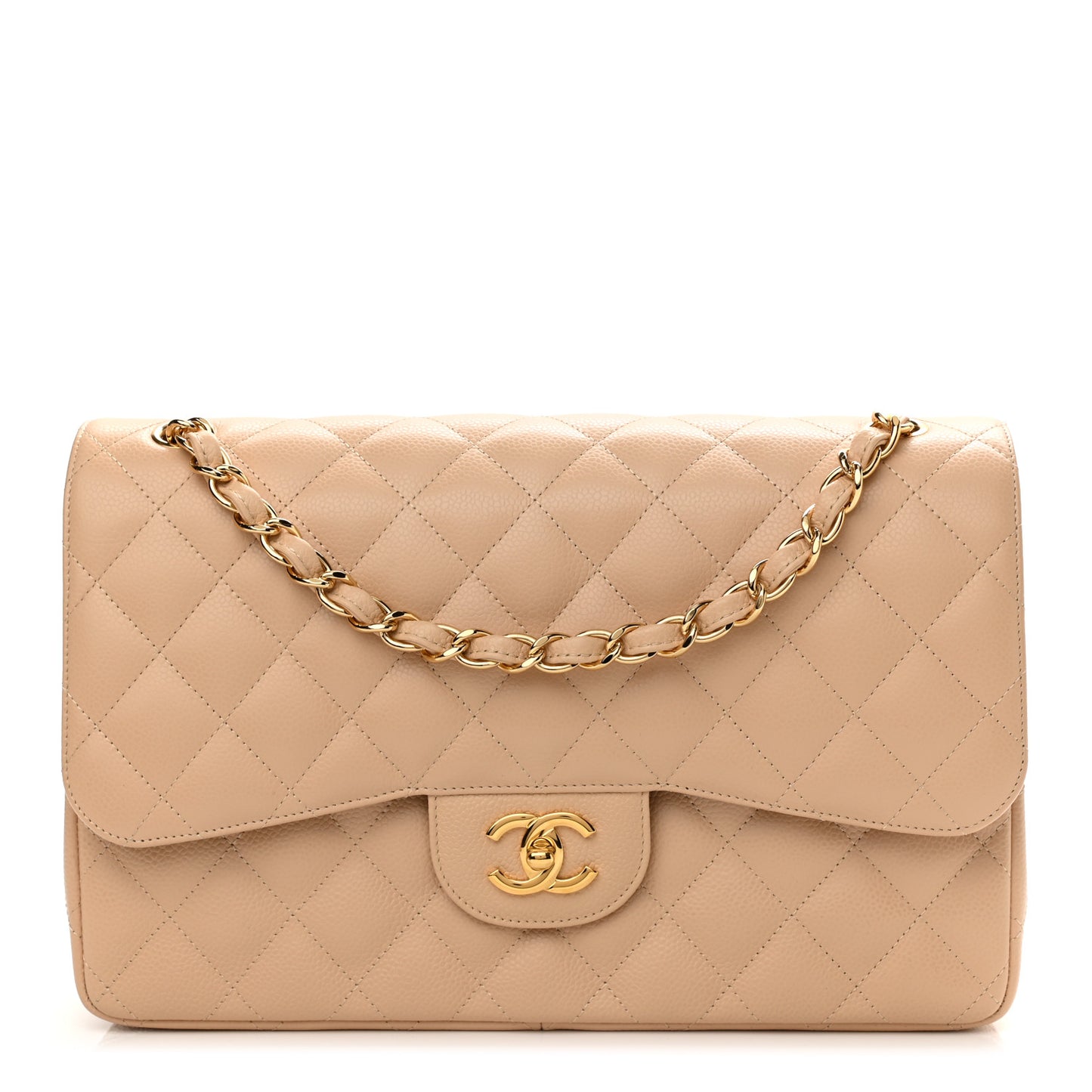 Caviar Quilted Jumbo Double Flap Light Beige