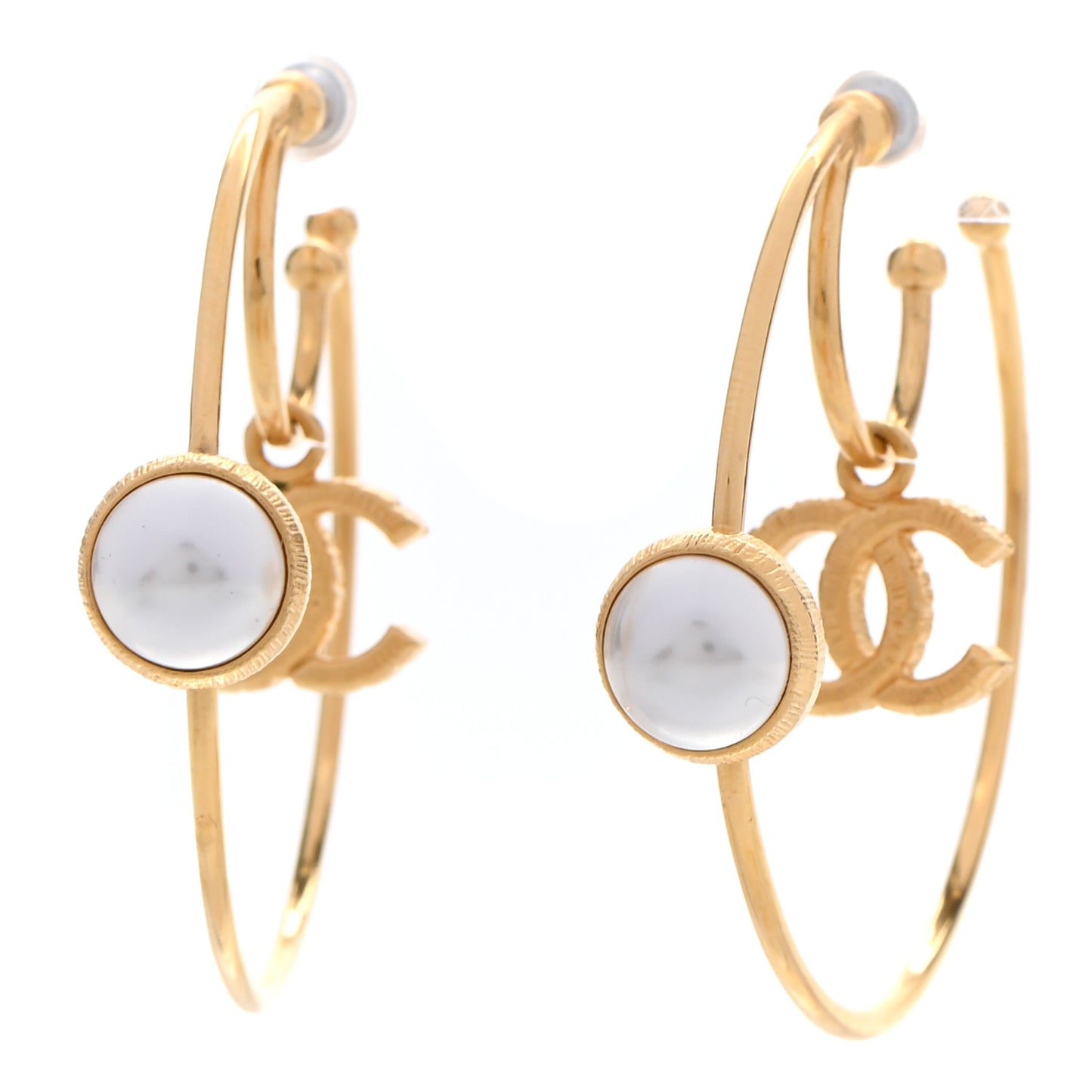 Pearl CC Tags Hoop Earrings Gold
