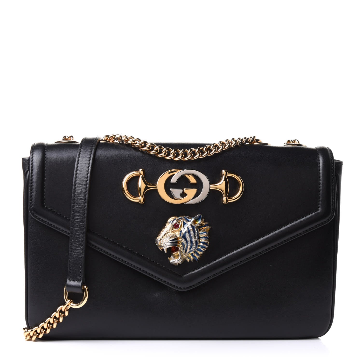 Gucci Vitello Palmellato Lux Crystal Medium Rajah Shoulder Bag Black 1 of 10