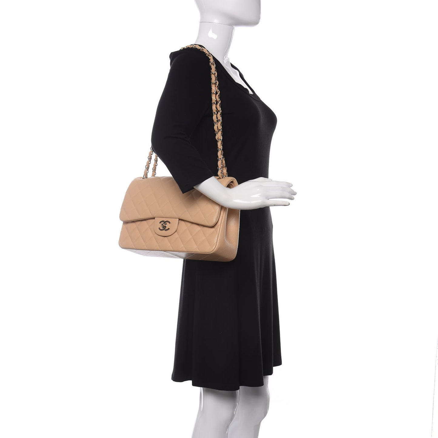 Caviar Quilted Jumbo Double Flap Light Beige