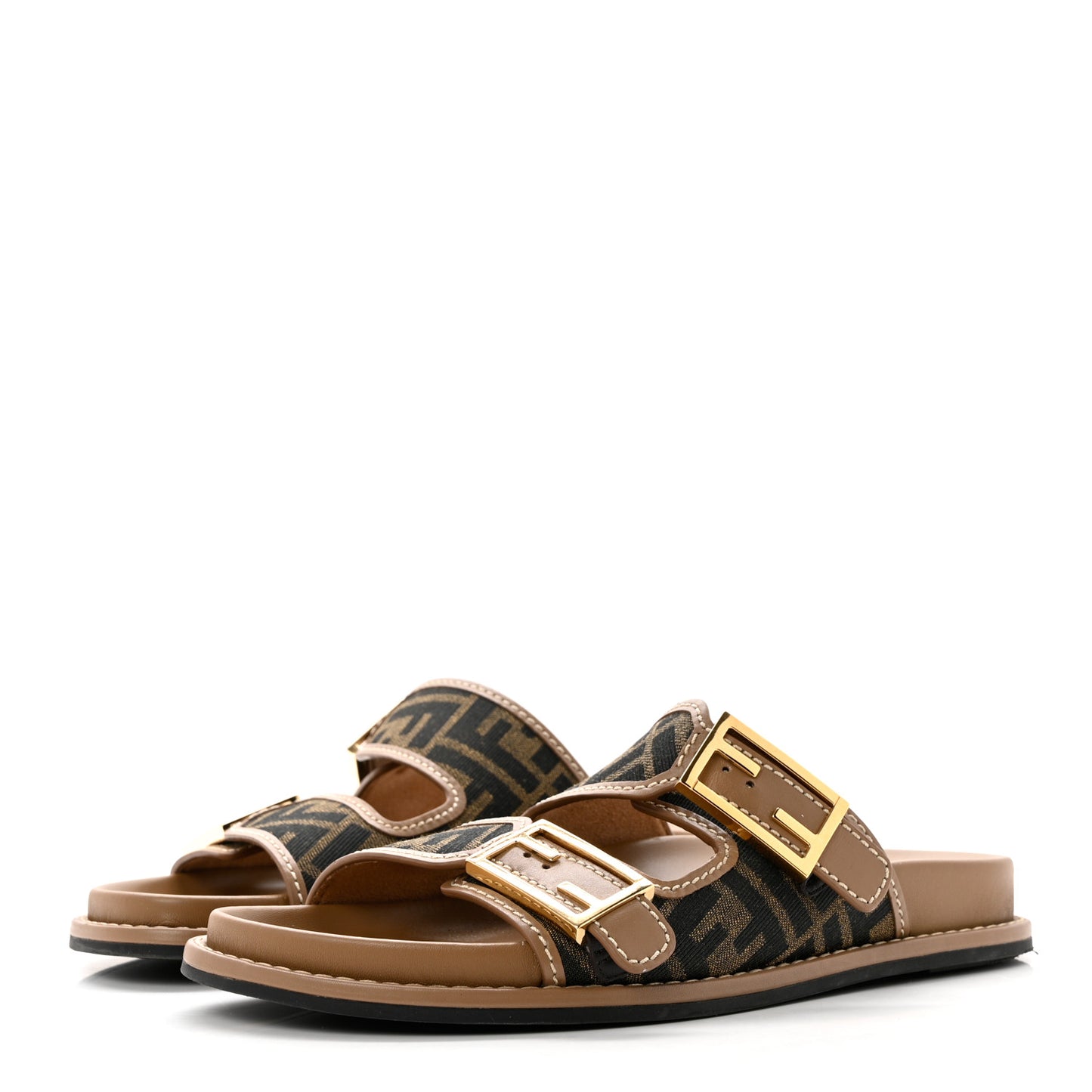 Fabric Jacquard Nappa FF Womens Fendi Feel Buckled Slide Sandals 40 Tobacco Black Miele Scuro