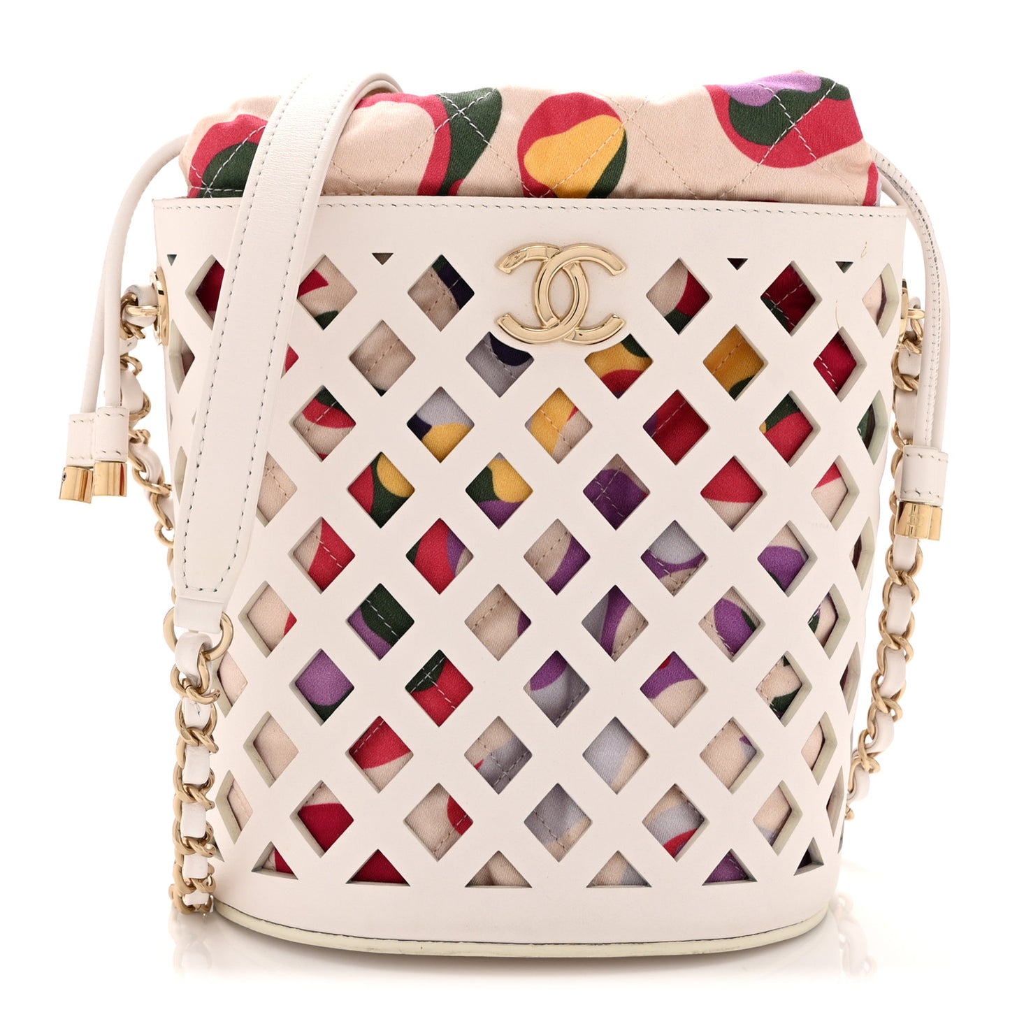 Lambskin Sea Through Bucket Drawstring Bag White Multicolor