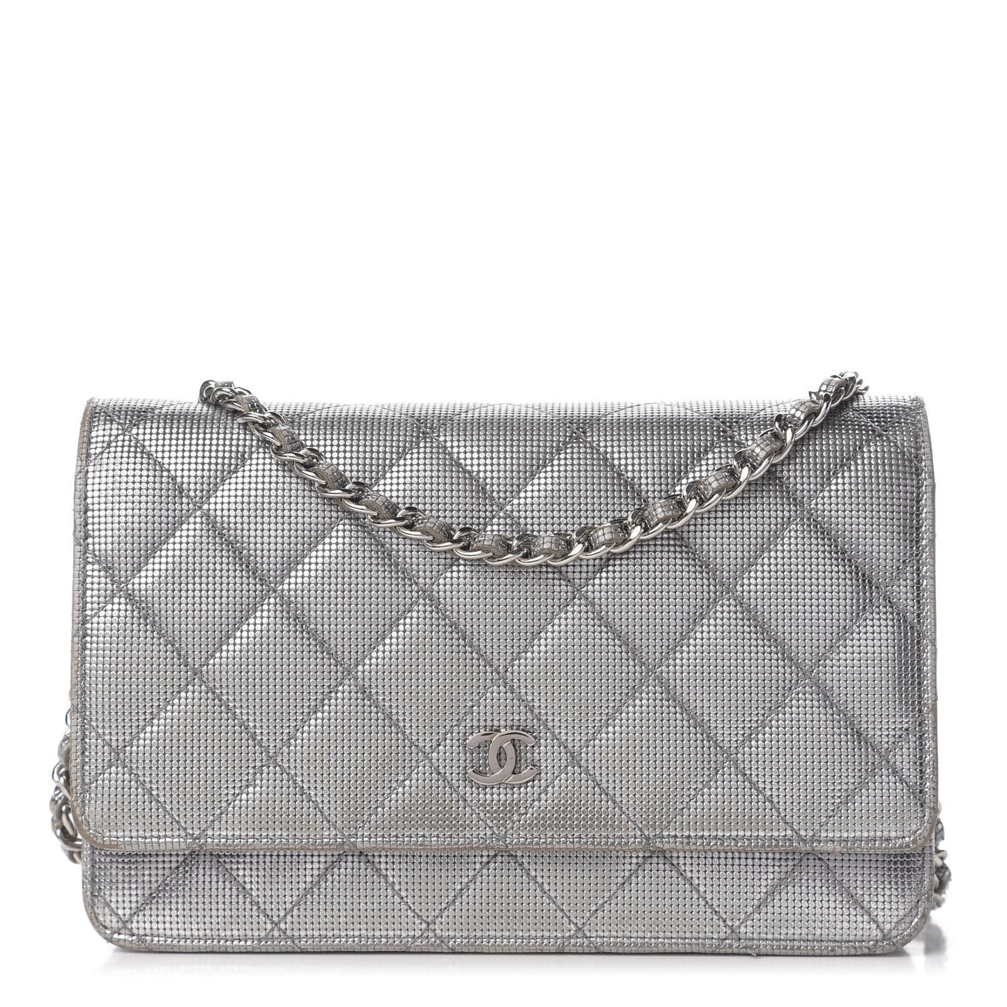 Metallic Calfskin Quilted Pixel Effect Wallet on Chain WOC Silver
