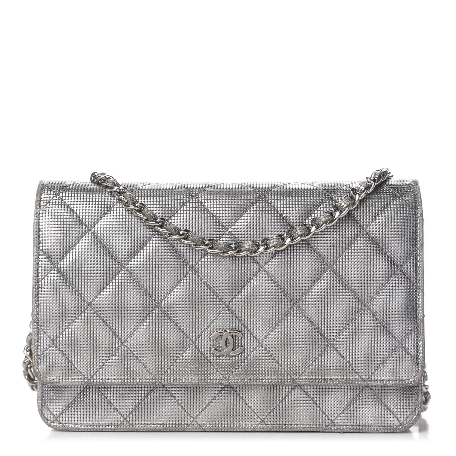 Chanel Metallic Calfskin Quilted Pixel Effect Wallet on Chain WOC Silver 1 of 13