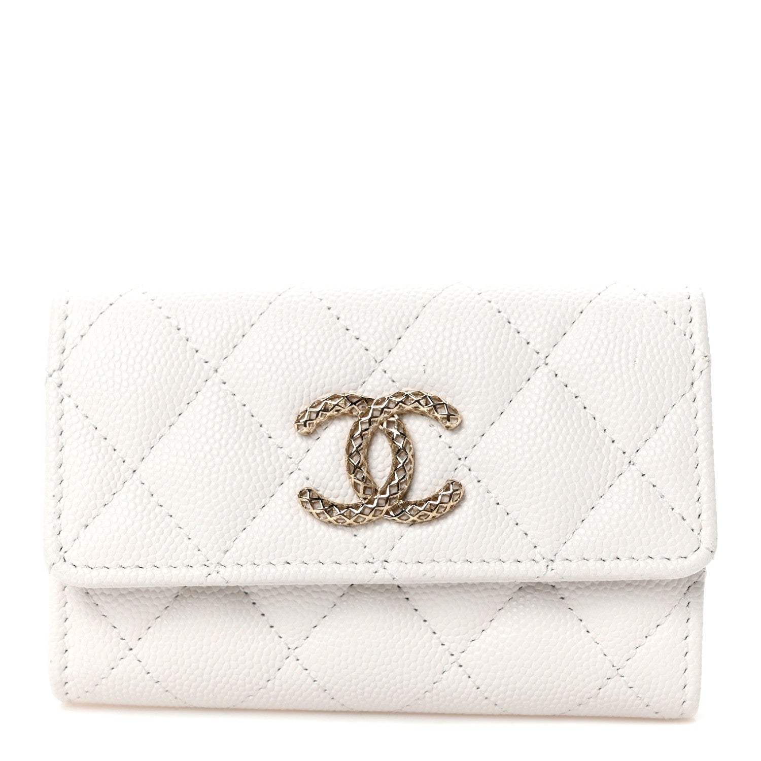 Chanel Caviar Metal Perforated Quilted CC Flap Card Holder White 1 of 9