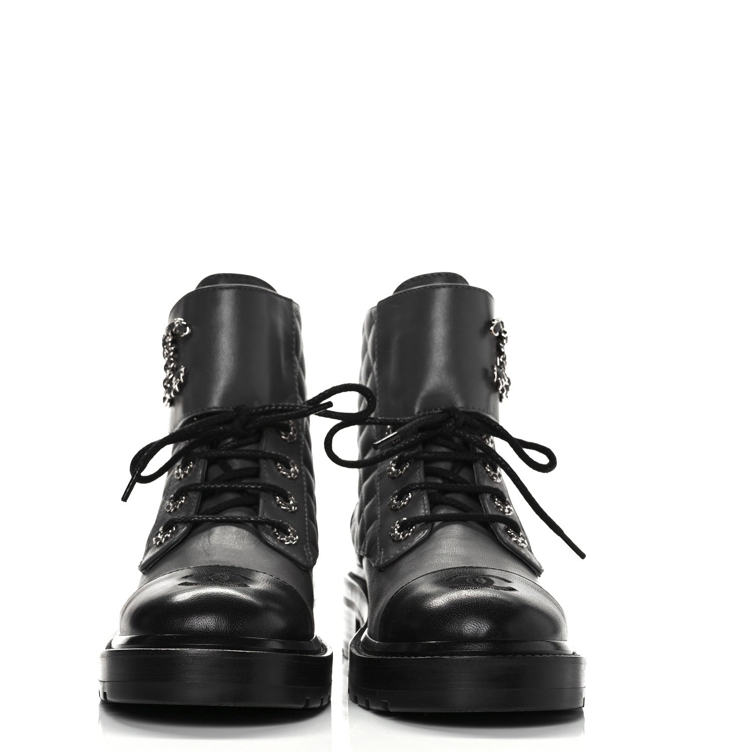 Chanel Shiny Lambskin Quilted Lace Up Combat Boots 38.5 Grey Black 2 of 8