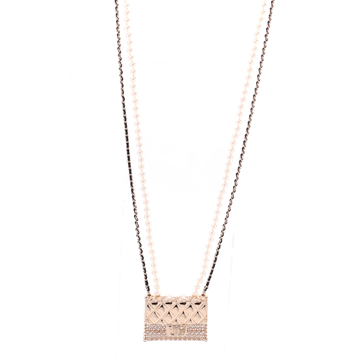 Metal Lambskin Pearl Chain Flap Bag Long Necklace Gold Black Pearly White