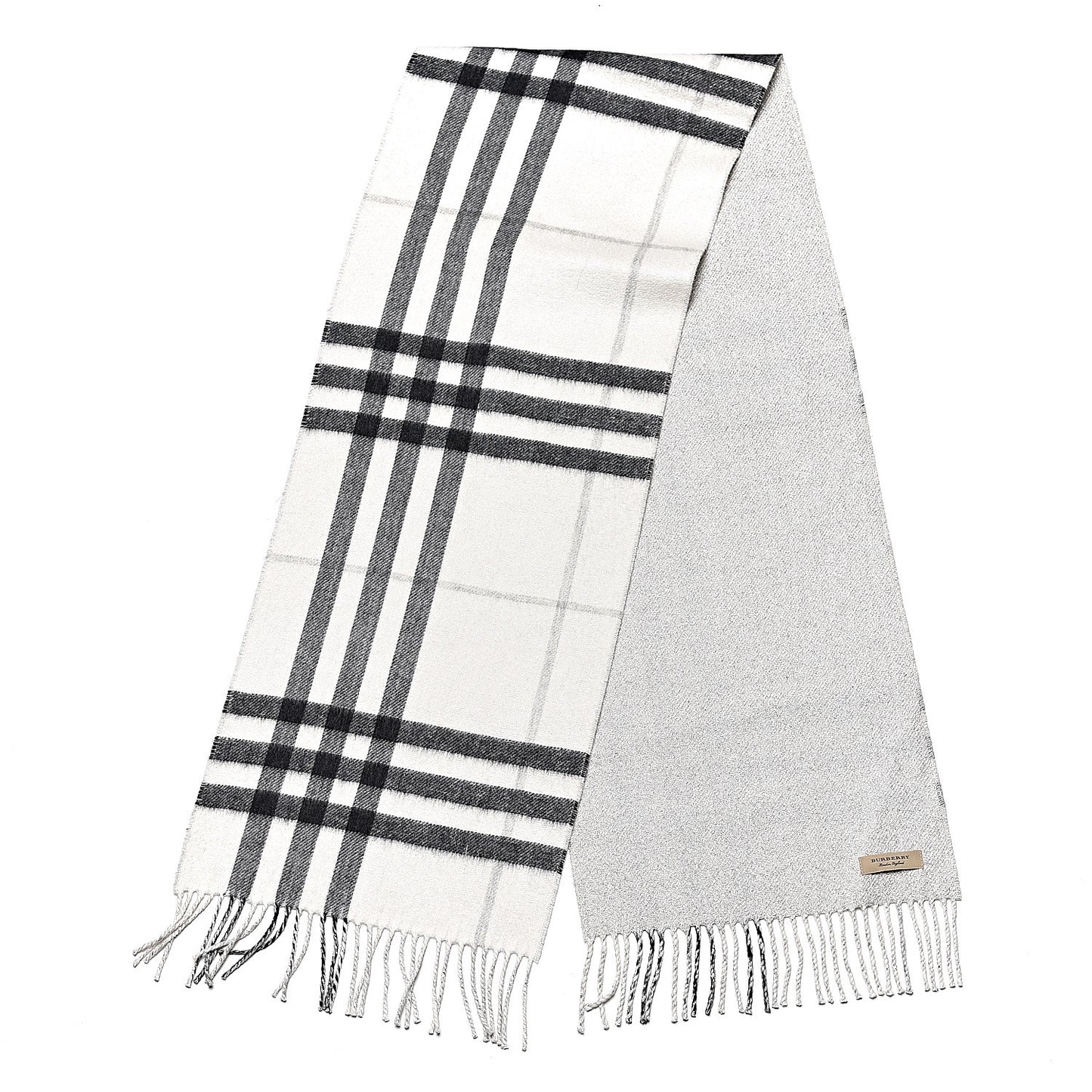 Cashmere Half Mega Check Reversible Fringe Scarf Natural White Silver