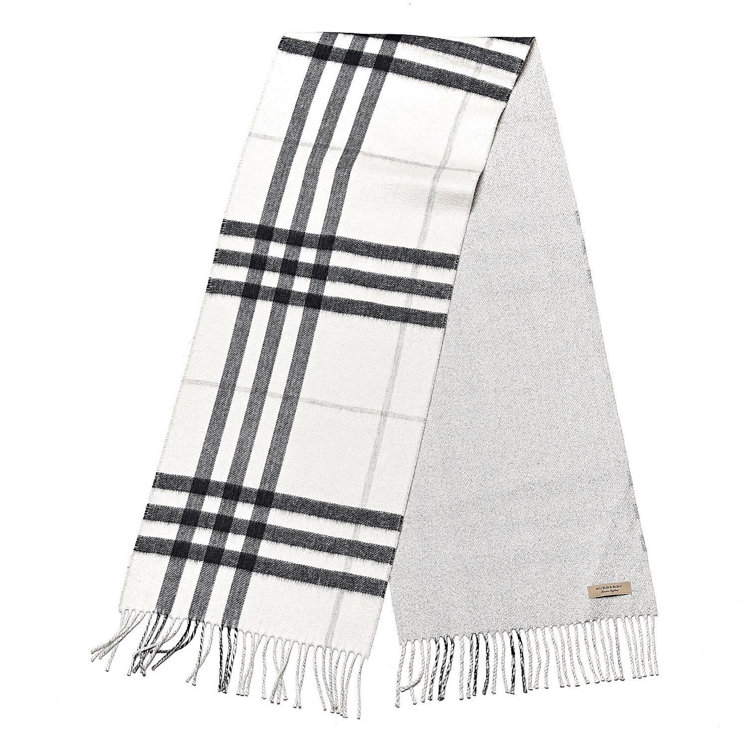 Burberry Cashmere Half Mega Check Reversible Fringe Scarf Natural White Silver 3 of 4