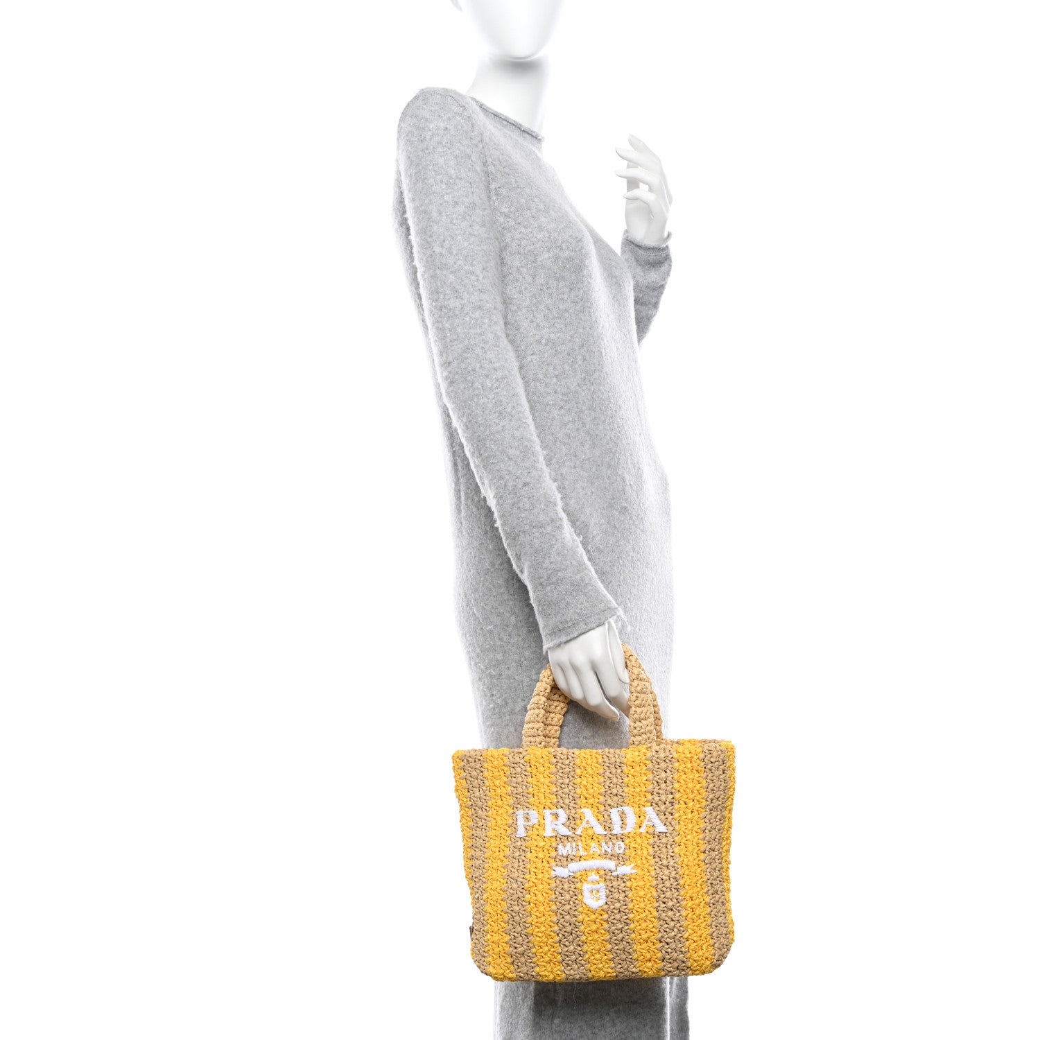 Prada Yarn Raffia Effect Crochet Striped Small Logo Tote Naturale Giallo 2 of 9