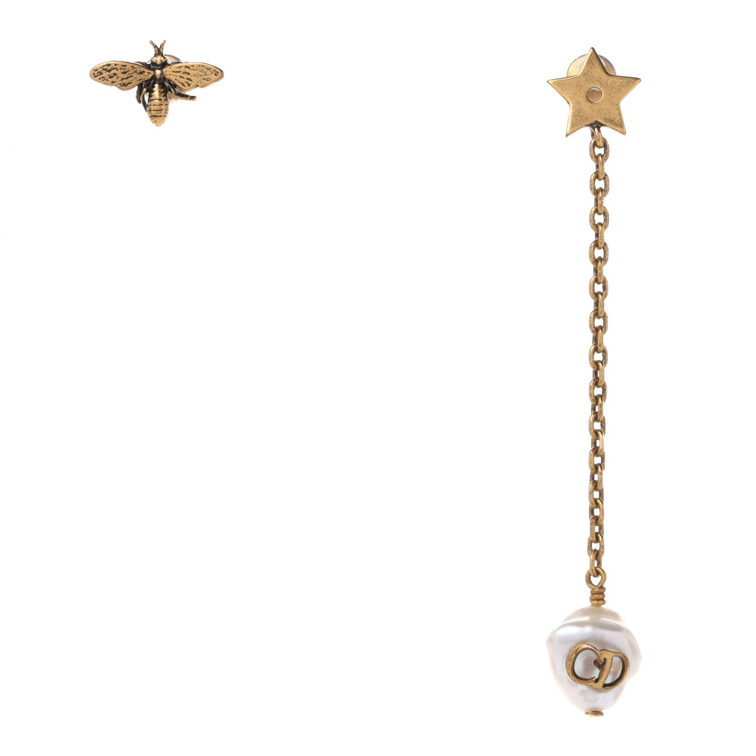 Christian Dior Metal Pearl Bee Star CD Drop Chain Earrings Aged Gold 1 of 6