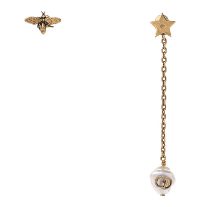 Christian Dior Metal Pearl Bee Star CD Drop Chain Earrings Aged Gold 1 of 6