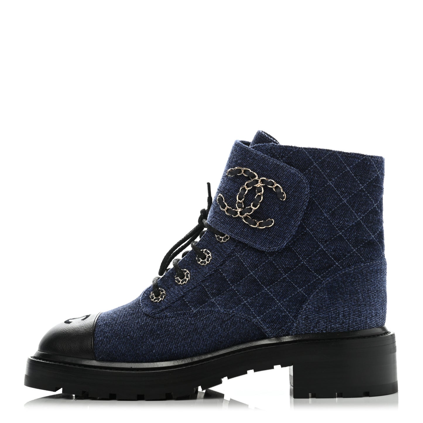Shiny Calfskin Velvet Quilted Lace Up Combat Boots 40 Blue Black