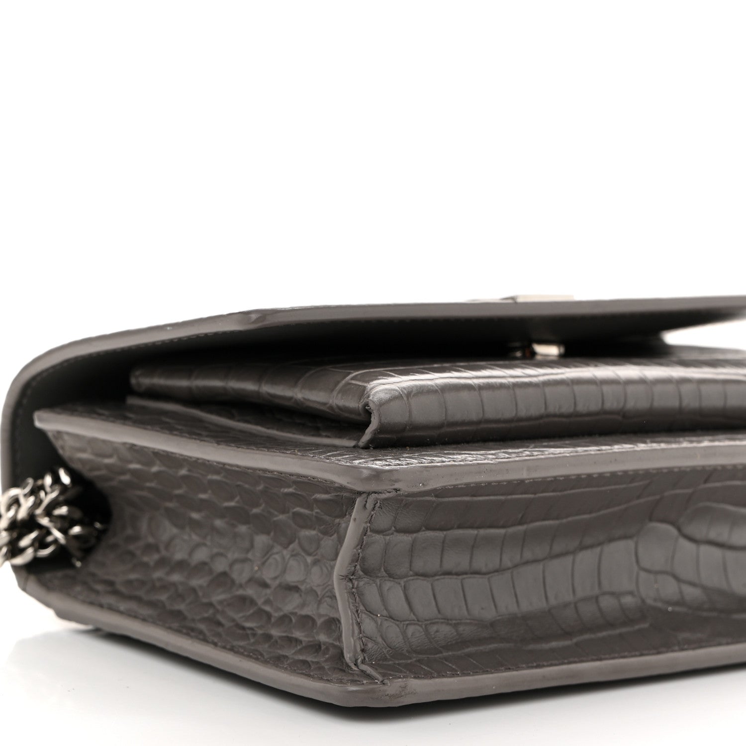 Saint Laurent Calfskin Crocodile Embossed Monogram Sunset Chain Wallet Fog 8 of 9