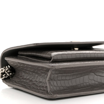 Saint Laurent Calfskin Crocodile Embossed Monogram Sunset Chain Wallet Fog 8 of 9