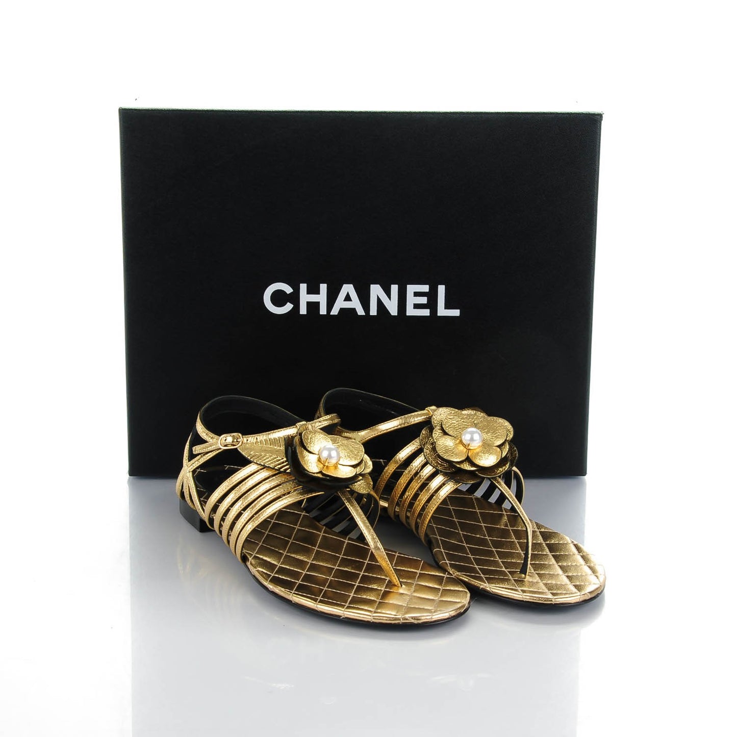 Crumpled Calfskin Camellia Pearl Thong Sandals 36.5 Gold