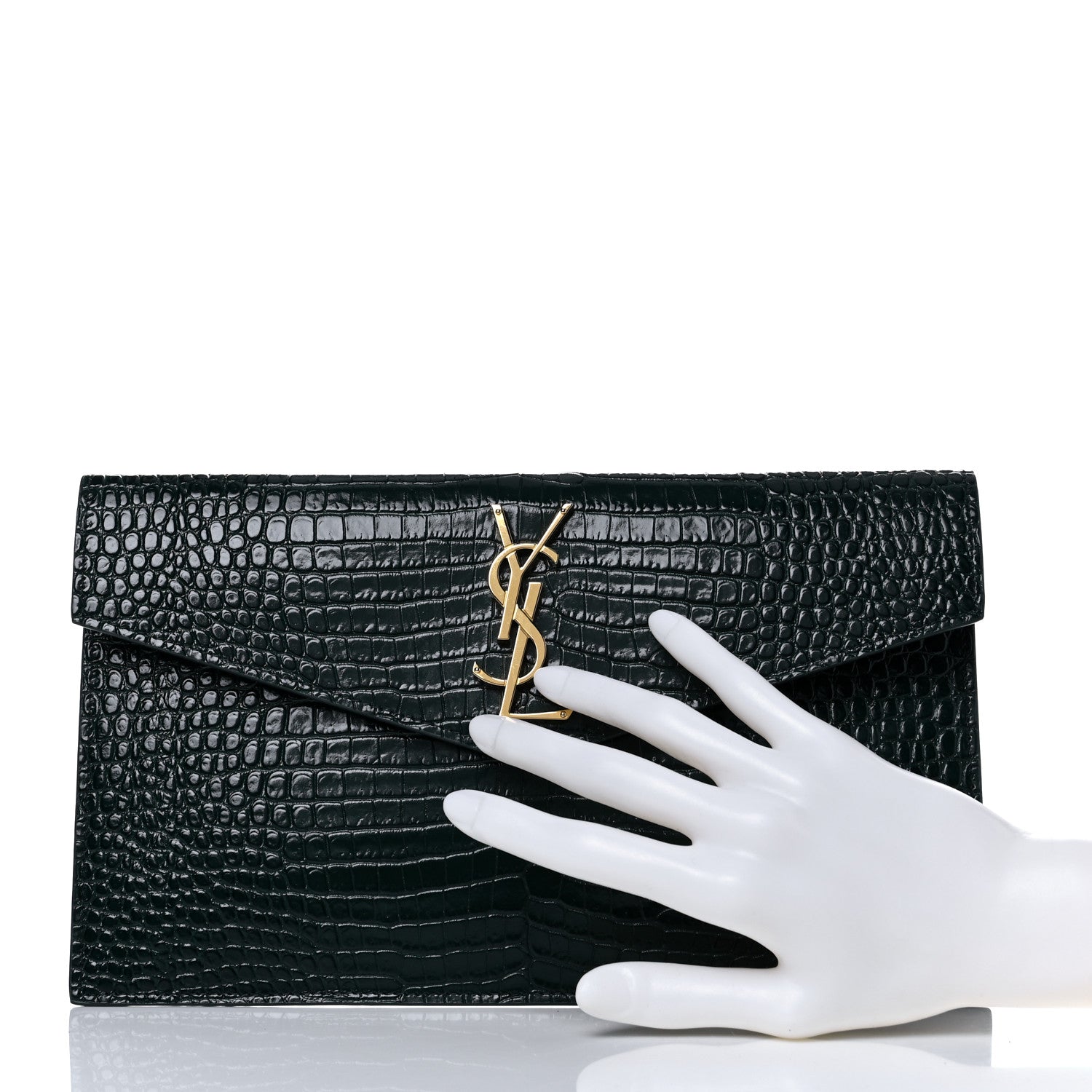 Saint Laurent Calfskin Crocodile Embossed Uptown Monogram Clutch Dark Mint 2 of 8