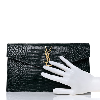 Saint Laurent Calfskin Crocodile Embossed Uptown Monogram Clutch Dark Mint 2 of 8