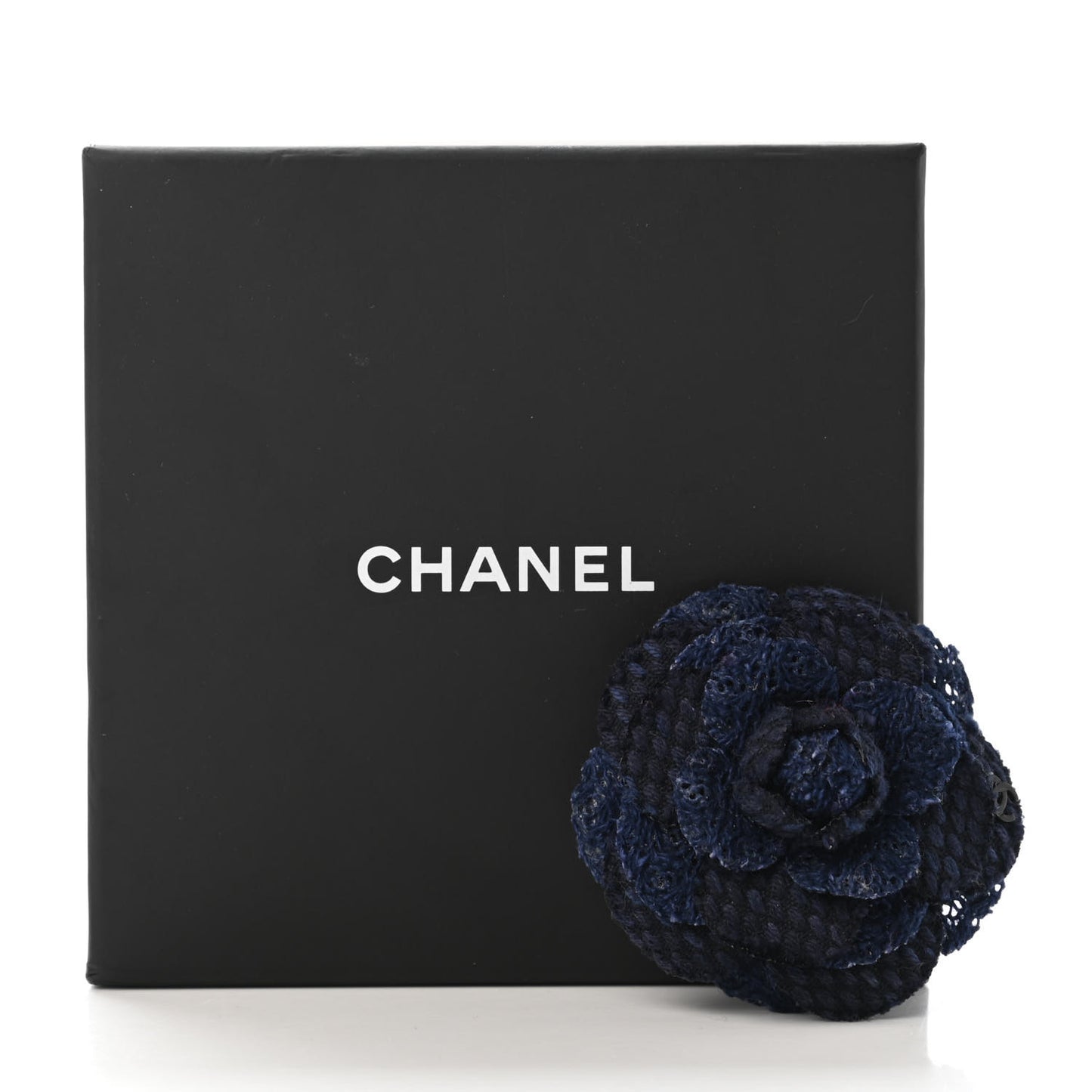 Tweed Camellia Pin Brooch Navy Black