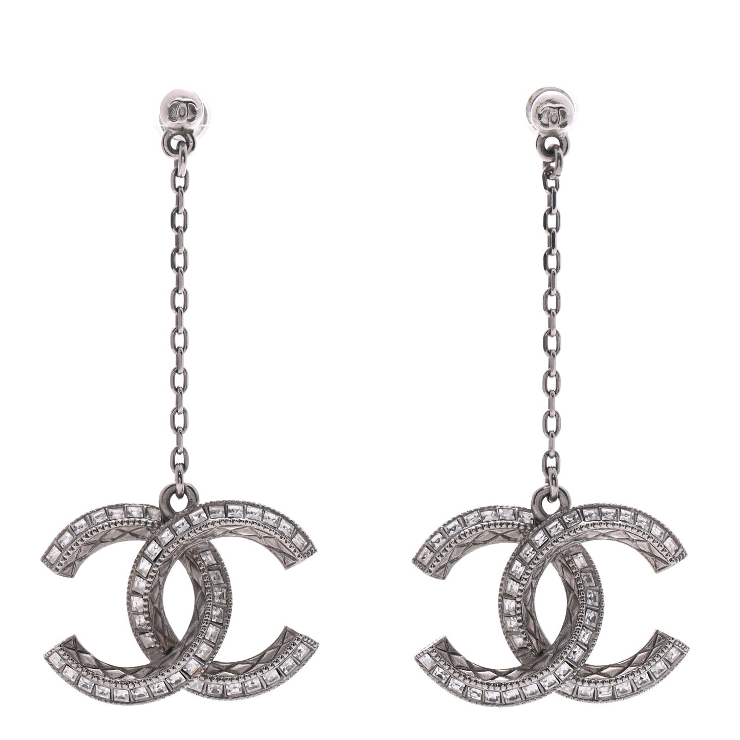 Baguette Crystal CC Drop Earrings Silver