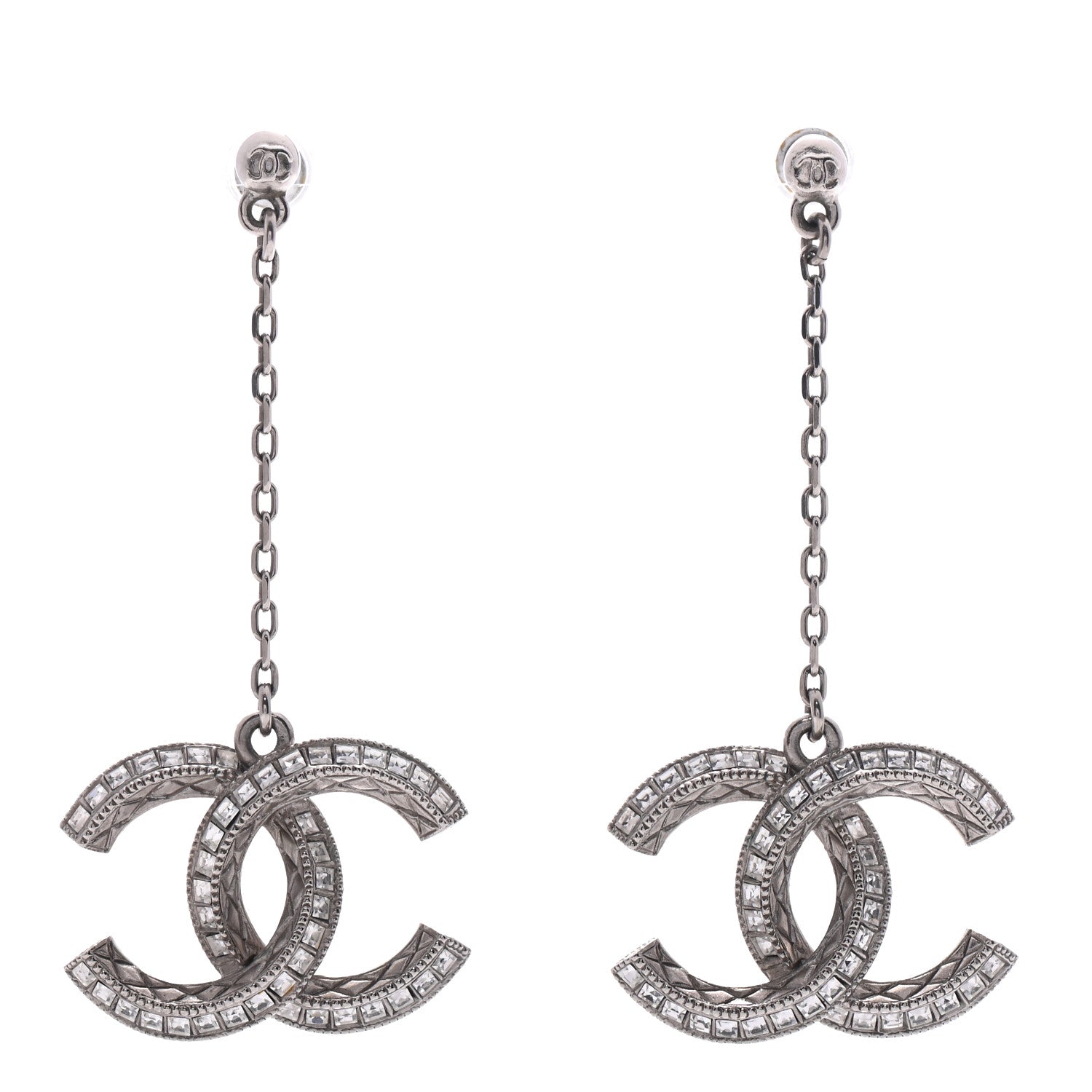 Chanel Baguette Crystal CC Drop Earrings Silver 1 of 5