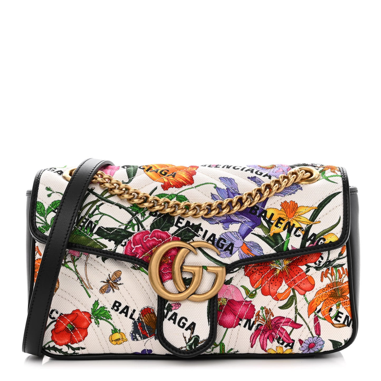 X BALENCIAGA Canvas Flora Logo Print Diagonal Matelasse Small GG Marmont Shoulder Bag White