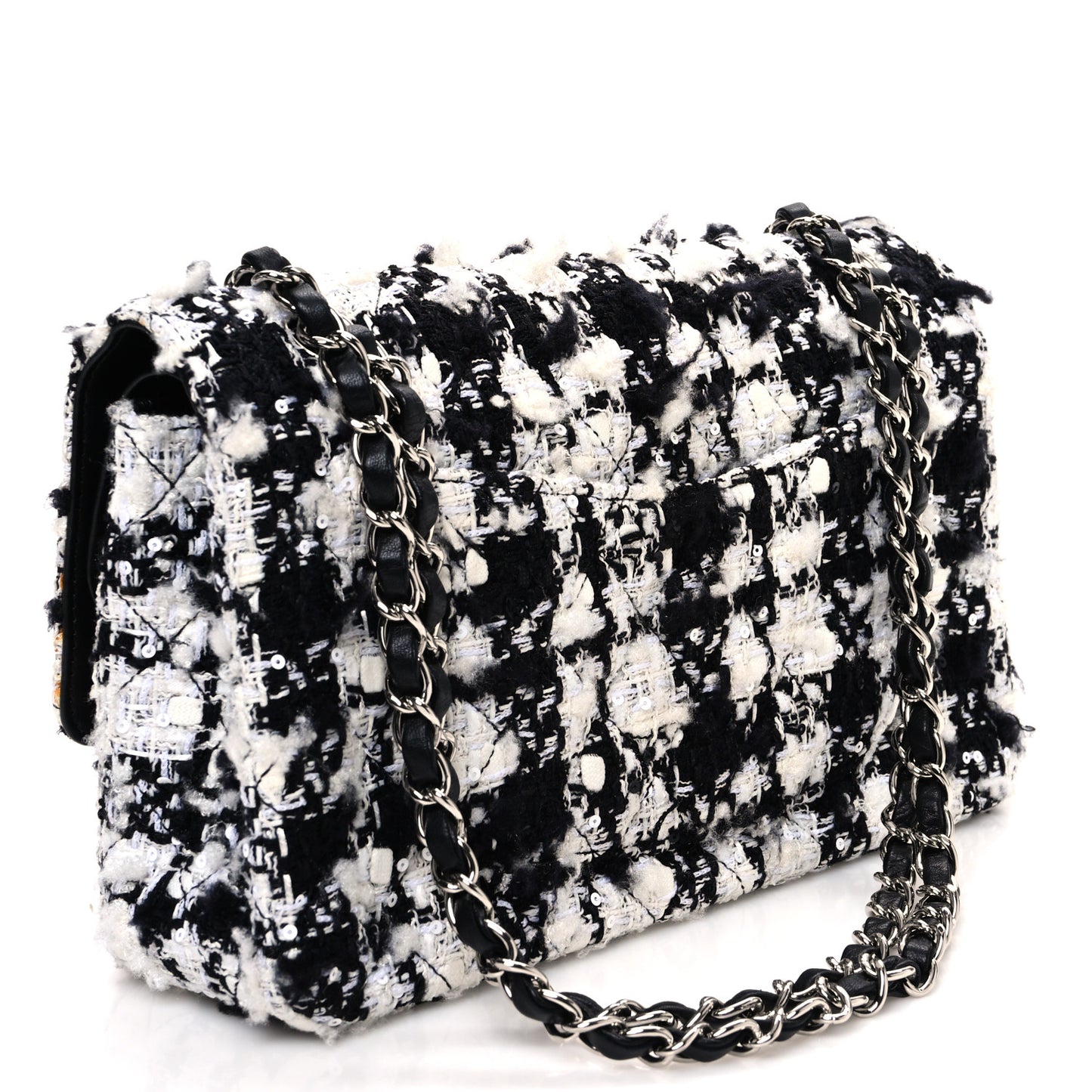 Tweed Quilted Medium Double Flap Black Ecru White