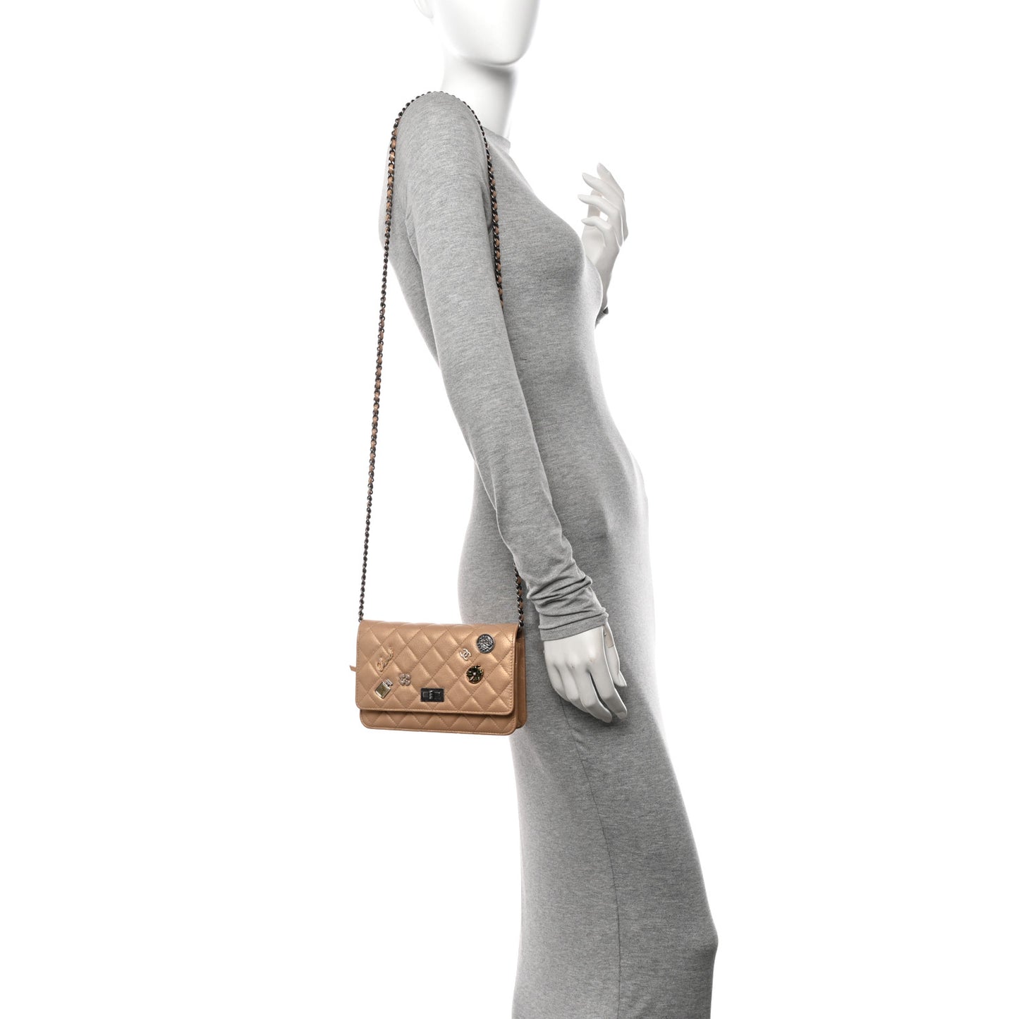 Aged Calfskin Lucky Charms Casino 2.55 Reissue Wallet on Chain WOC Beige