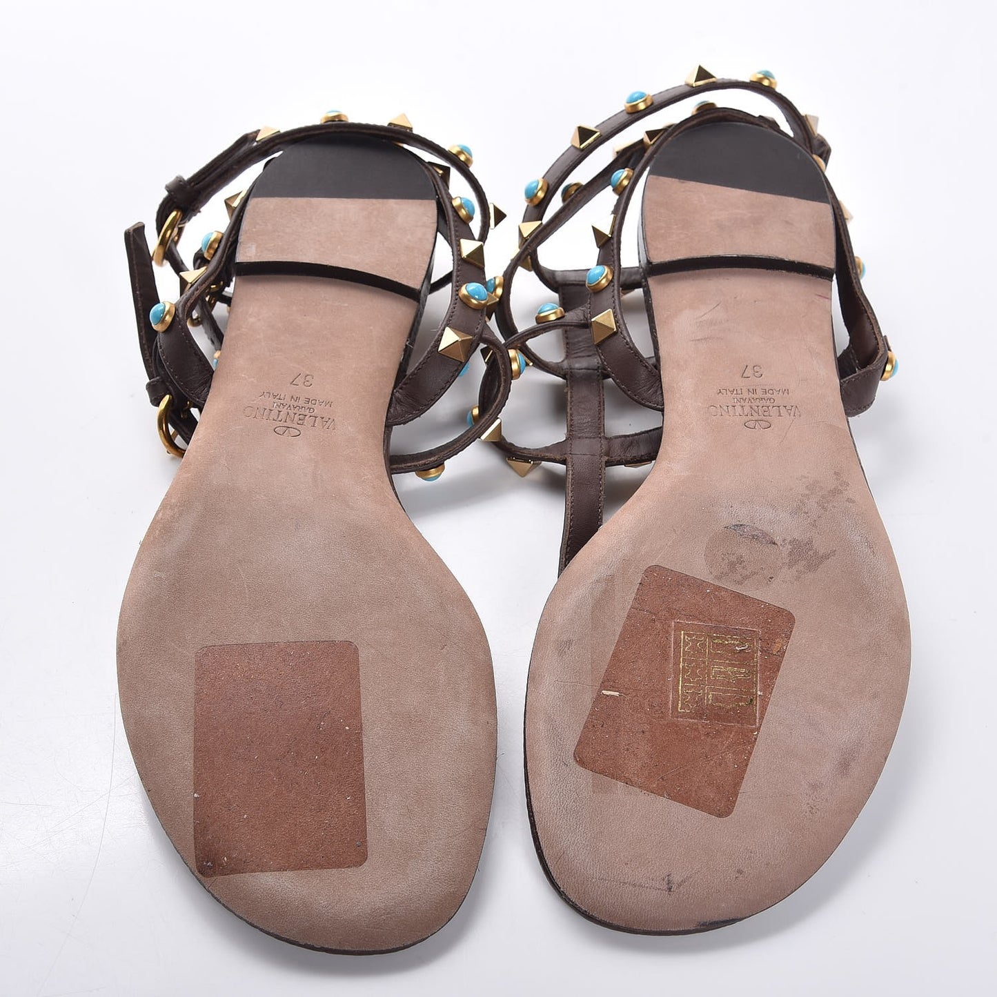 Calfskin Rockstud Rolling Ankle Wrap Flat Thong Sandals 37 Cacao