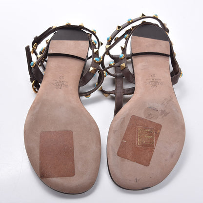 Valentino Garavani Calfskin Rockstud Rolling Ankle Wrap Flat Thong Sandals 37 Cacao 5 of 8