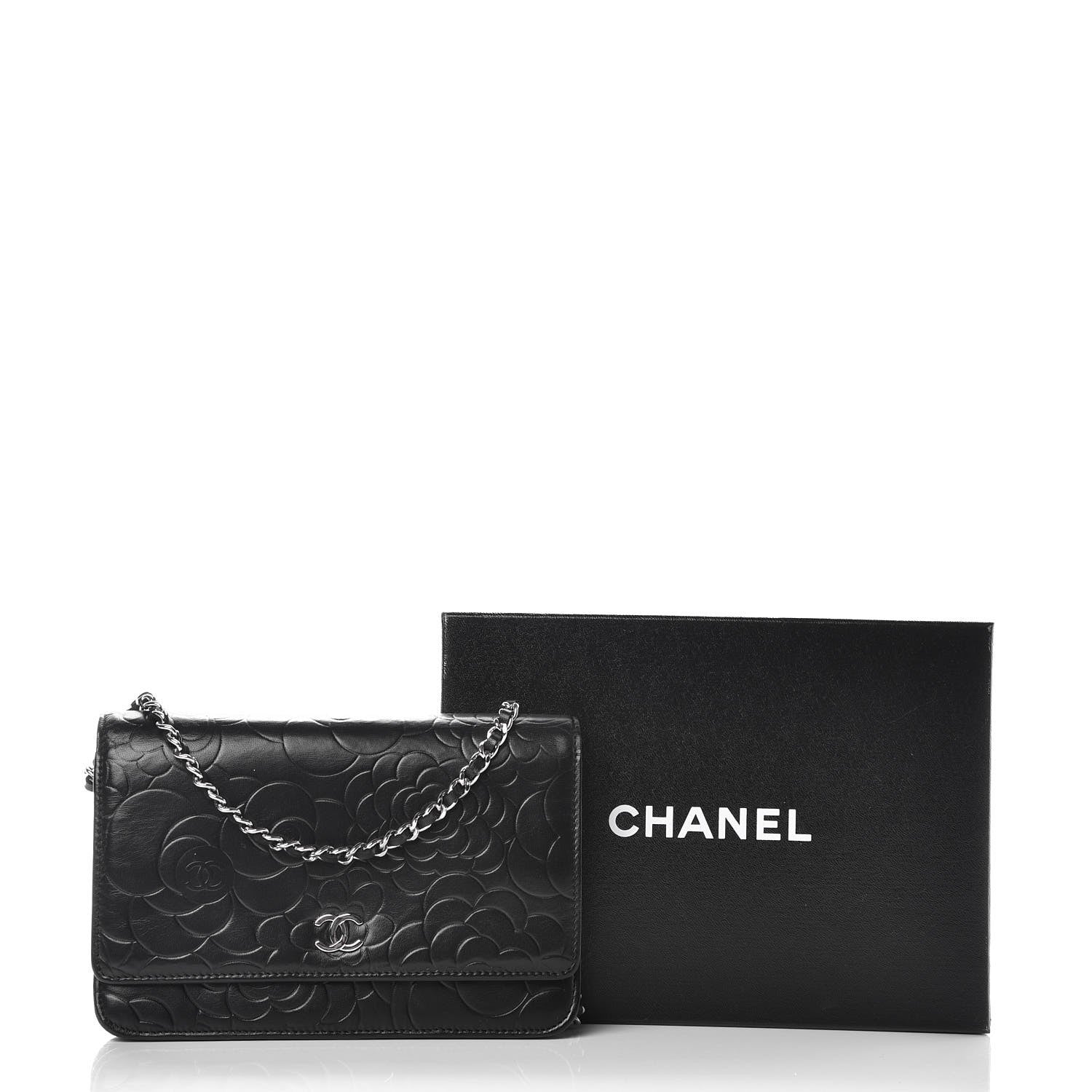 Chanel Lambskin Camellia Embossed Wallet on Chain WOC Black 10 of 10