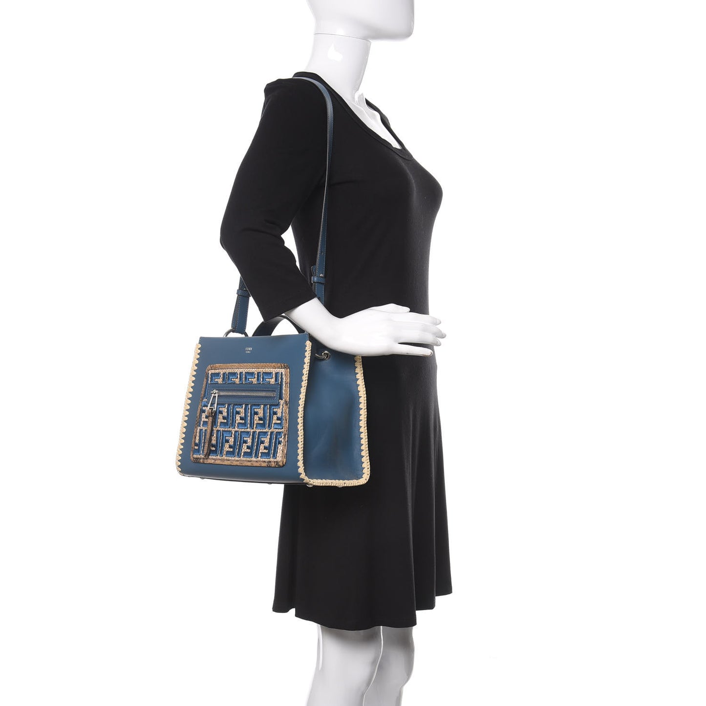 Vitello Century Raffia Elaphe F is Fendi FF Woven Embroidered Small Runaway Satchel Blue
