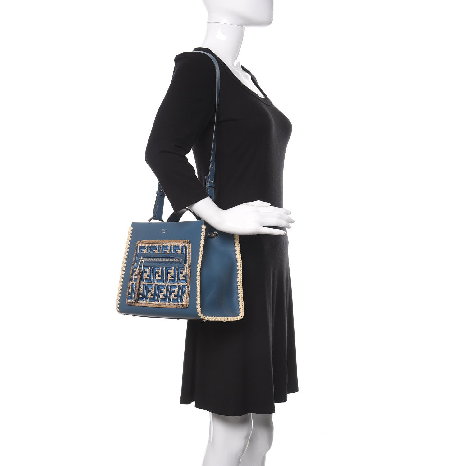 Fendi Vitello Century Raffia Elaphe F is Fendi FF Woven Embroidered Small Runaway Satchel Blue 2 of 11