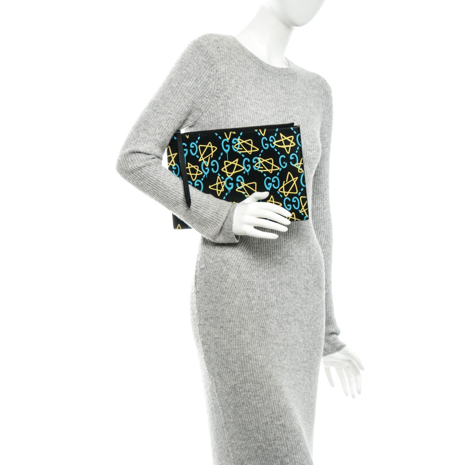 Gucci Calfskin GucciGhost Print Pouch Black New Acquamarine 2 of 6