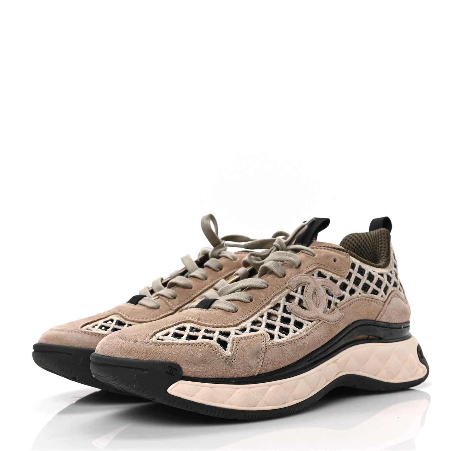 Chanel Suede Calfskin Embroidered CC Sneakers 41 Beige Black 3 of 8