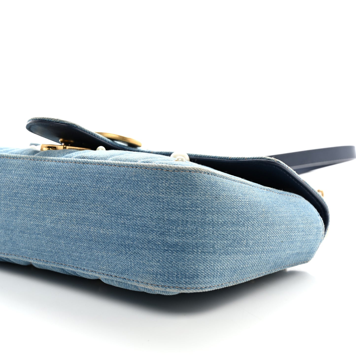 Denim Matelasse Pearl Studded Small GG Marmont Shoulder Bag Blue