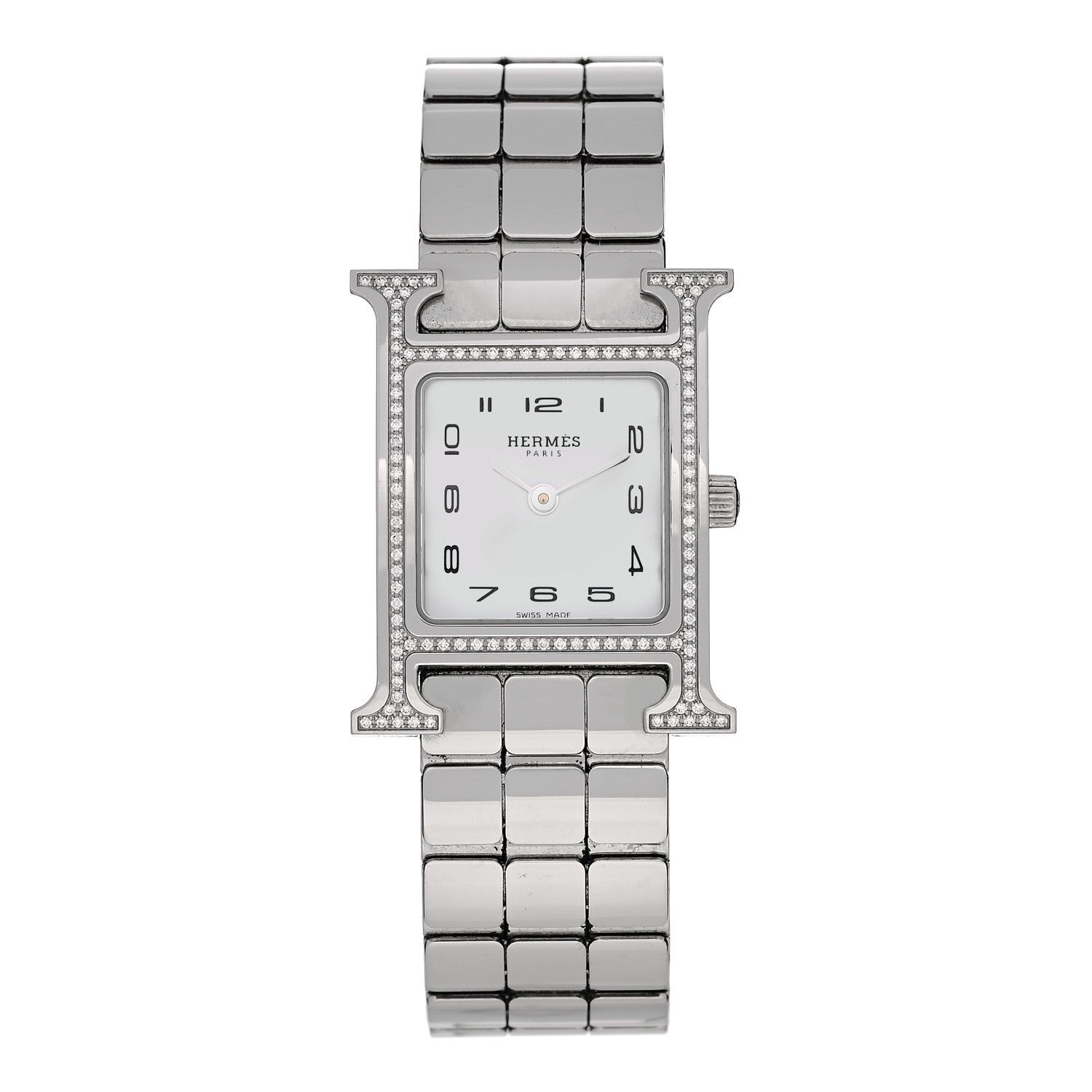 Hermes Stainless Steel Diamond Bezel Mother of Pearl 21mm Heure H Hour Quartz Watch 1 of 5