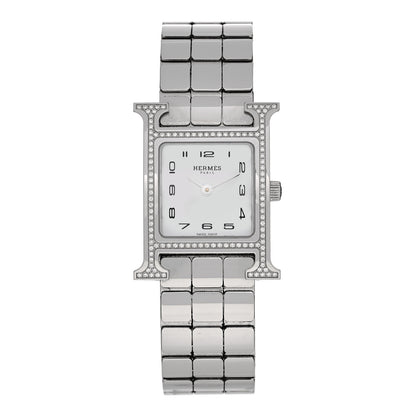 Hermes Stainless Steel Diamond Bezel Mother of Pearl 21mm Heure H Hour Quartz Watch 1 of 5