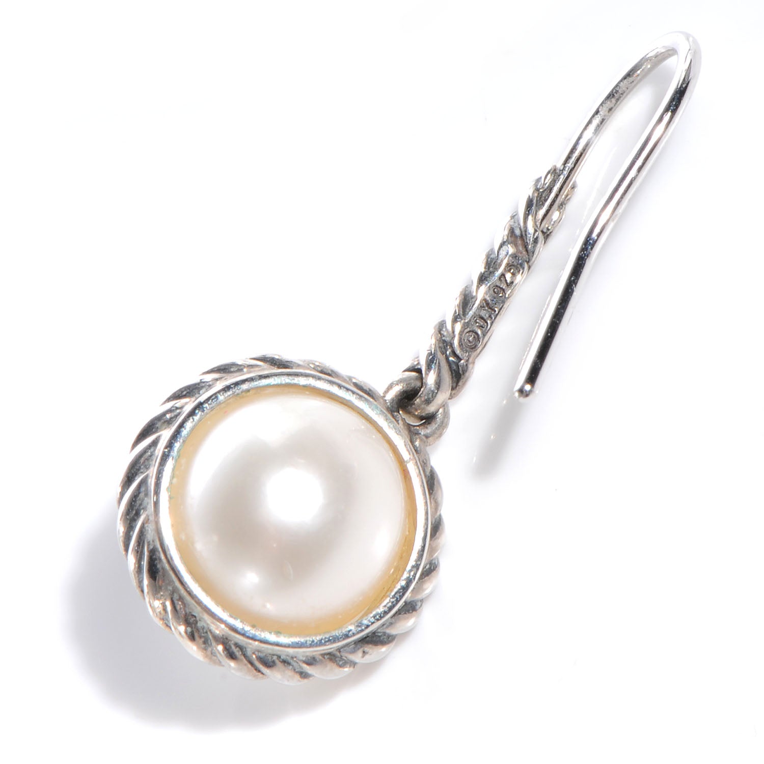 David Yurman Sterling Silver Pearl 9mm Cable Drop Earrings 3 of 4