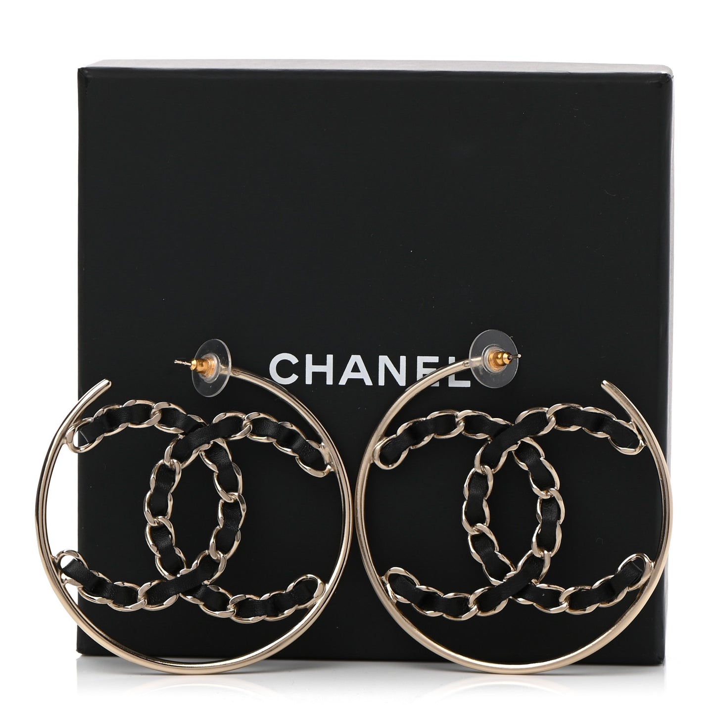 Lambskin CC Chain Hoop Earrings Black Gold