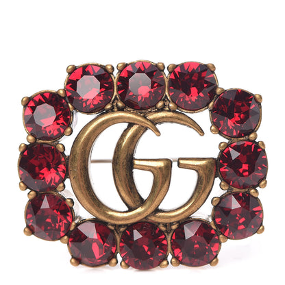 Gucci Metal Crystal Double G Brooch Aged Gold 1 of 5