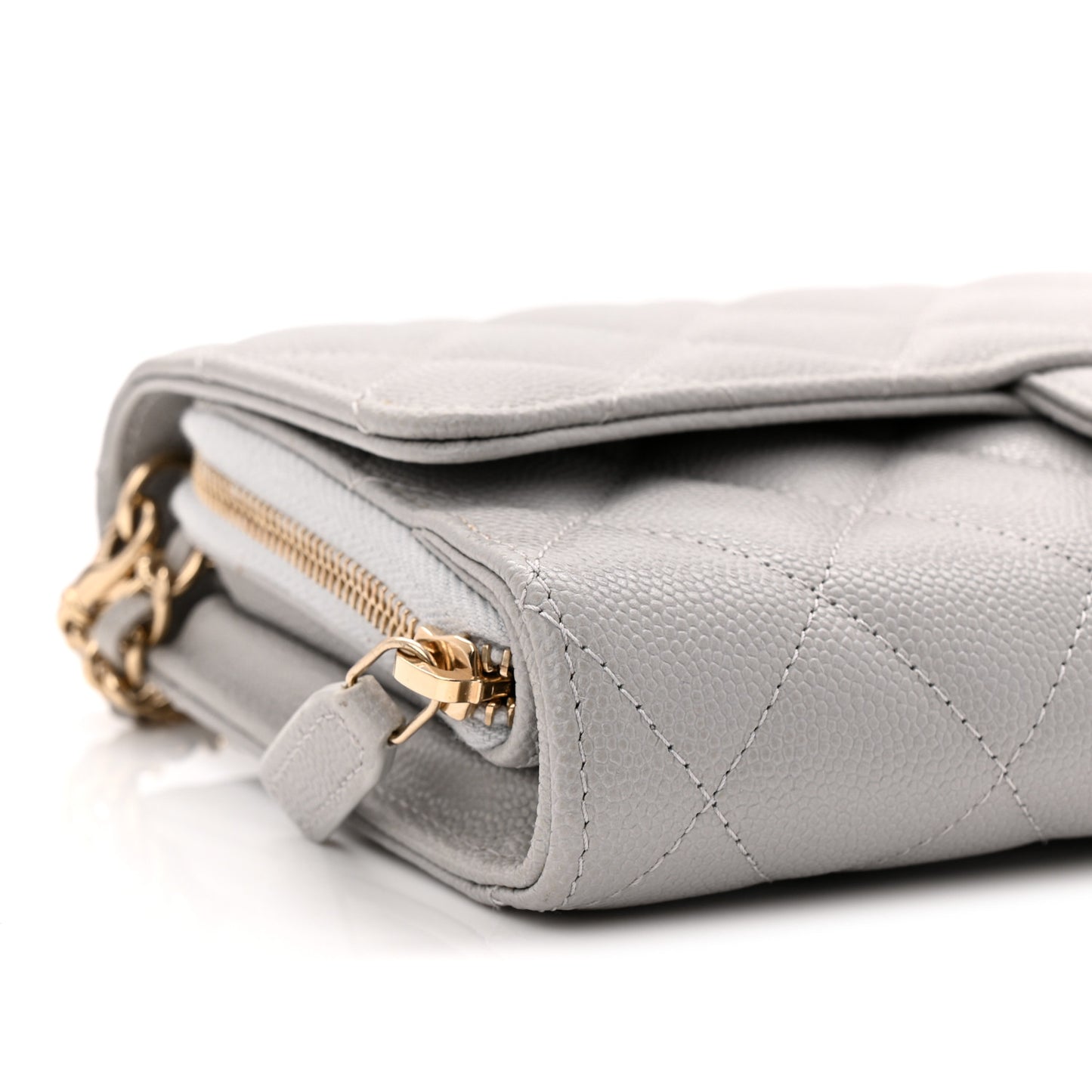 Caviar Quilted Phone Holder Wallet on Removable Chain Grey