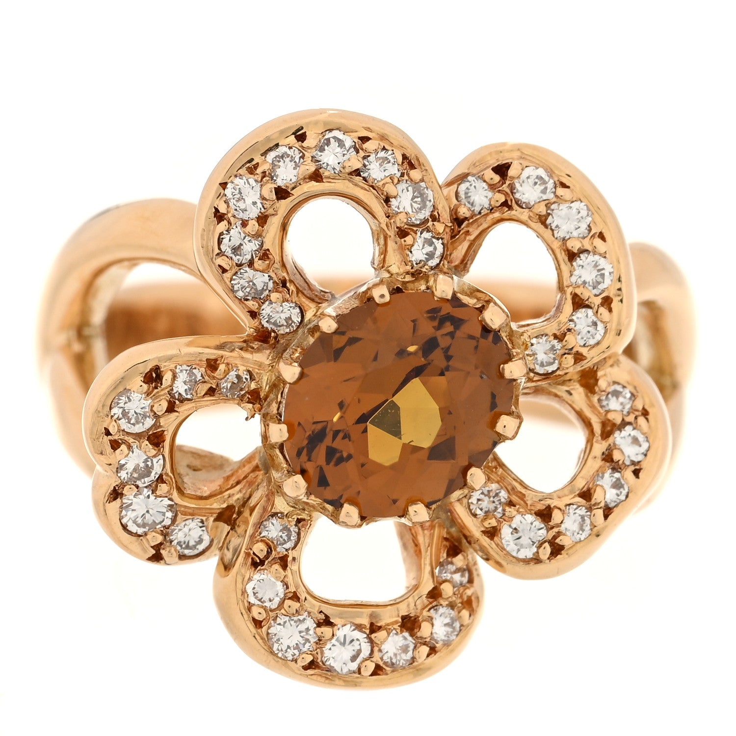 Hermes 18K Yellow Gold Diamond Garnet Flower Ring 51 5.75 1 of 5